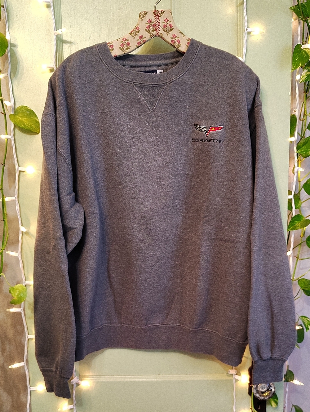 Men's Corvette Gear For Sports Big Cotton Grey Crewneck Pocket Logo Sweatshirt L